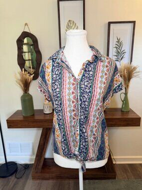 Tie Front Boho Paisley Blouse Short Sleeve Button Front Colorblock Small